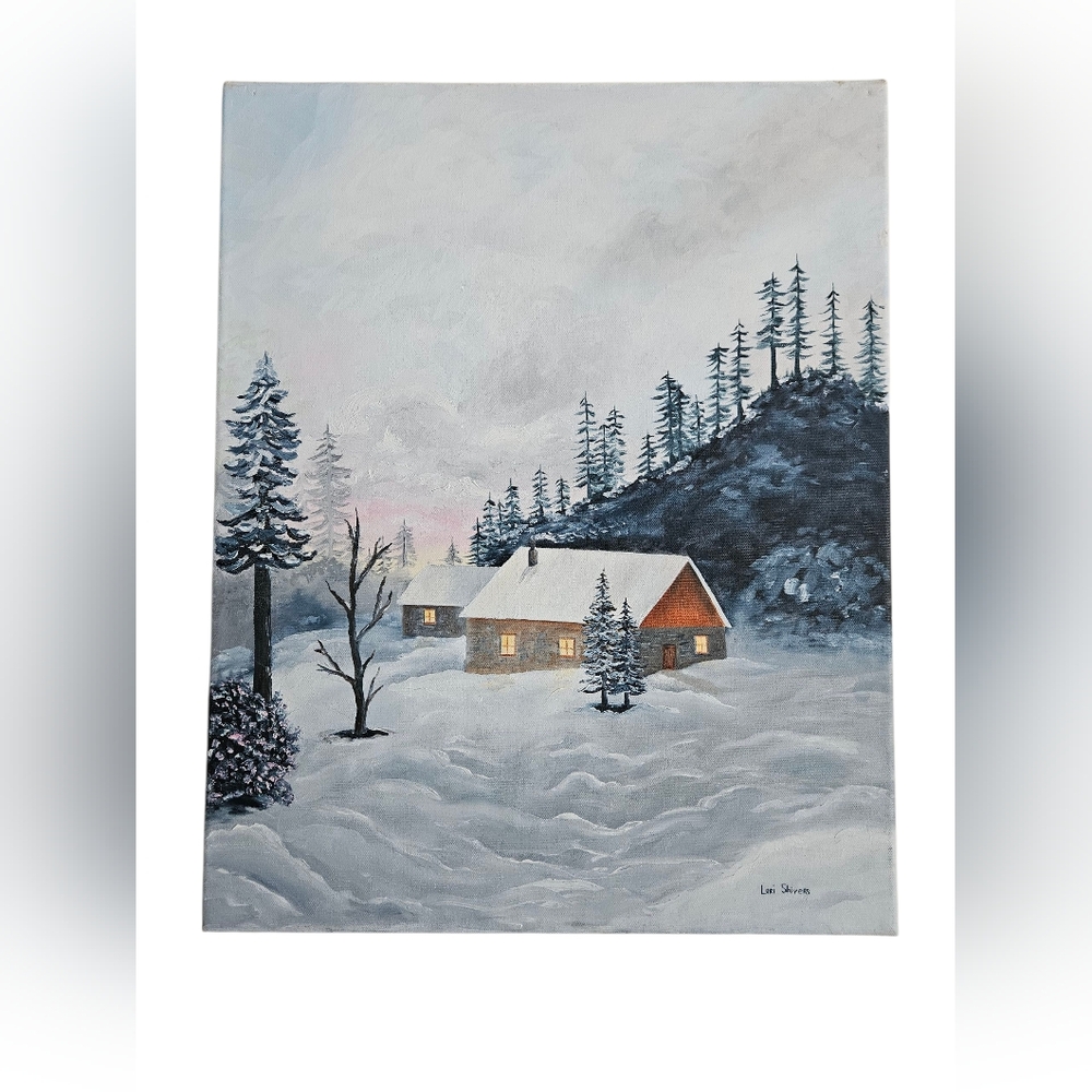 Winter Landscape Painting with Snowy Cabin Nestled among The Pines Signed .